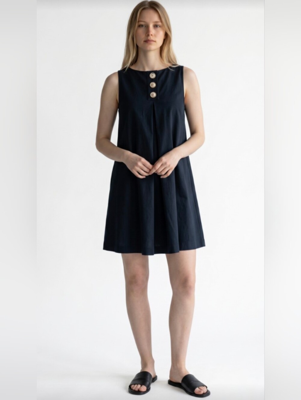 MICHAEL KORS! BLACK KNIT, SILVER BUTTONS RETRO INSPIRED SHIFT STYLE DRESS! SZ S